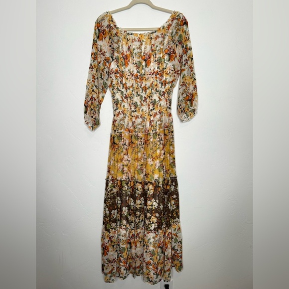 Fig and Flower Multicolor Autumn Floral Maxi Dress Tiered 3/4 Sleeves Medium - Picture 10 of 14